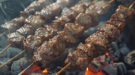 Close-up of marinated pork collar skewers grilling over hot coals, emitting mouthwatering aromas in an outdoor barbecue.