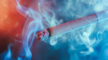 Close-up of vibrant smoke billowing from a burning cigarette, serving as a stark reminder of the harmful effects of tobacco.