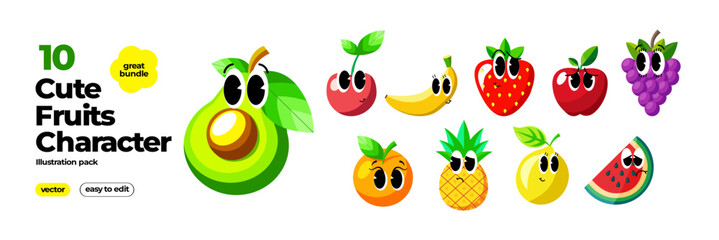 Collection of cute tropical fruits retro character food kawaii style illustration 