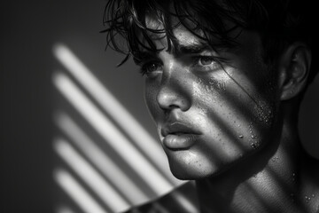 Create a dramatic portrait of a male model, emphasizing the contrast between light and shadow to create a bold and striking image.