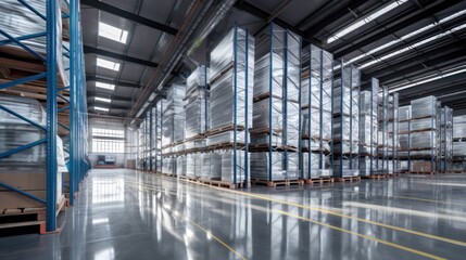 Fototapeta premium High-ceilinged modern logistics warehouse interior with neatly stacked polished steel storage racks