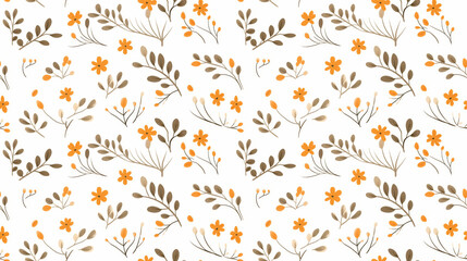 A seamless pattern with small orange flowers and brown branches on a white background.