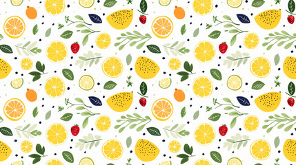 A seamless pattern with hand drawn citrus fruits and leaves.
