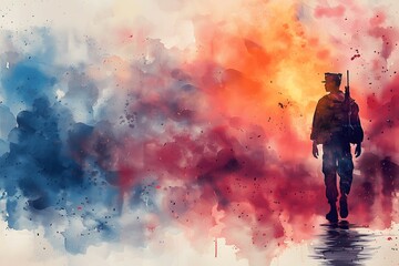 Powerful Watercolor Representation of a Solitary Soldier Marching into the Unknown Reflects the Sacrifice and Valor on Memorial Day

