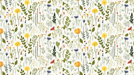 A seamless pattern of various types of flowers and plants on a white background.