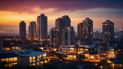 Modern Urban Home at Sunset, Cityscape Views.