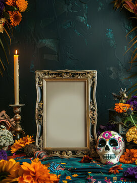 Ofrenda dia de los muertos mockup picture frame, day of the dead