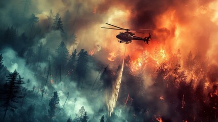 Helicopter dropping water onto a raging wildfire, desperately trying to quench the flames and save the forest. - obrazy, fototapety, plakaty