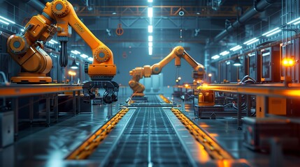 Smart factory with robots and IoT, dynamic lighting, wide angle, industrial 4.0