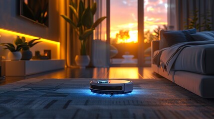 Home cleaning robot on duty, cozy room light, low angle, domestic helper 