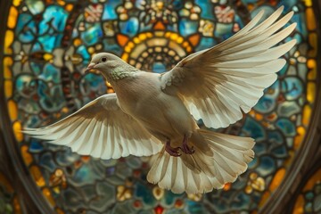 Fototapeta premium Pigeons in the stained glass window of Notre Dame Cathedral in Paris, France
