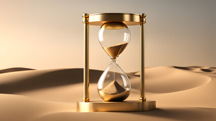 A gold and glass hourglass with sand in it is set on a sandy desert landscape