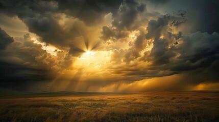 The last rays of sunlight peeking through storm clouds, casting a golden glow over the darkening landscape.