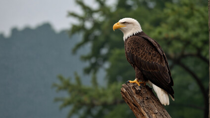 An American bald eagle is perched on a tree branch looking to the right. The background is out of focus and looks like a forest with a mountain in the distance.

