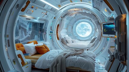 Space habitat module interior, ambient zero-g light, first-person, living off-planet  - obrazy, fototapety, plakaty