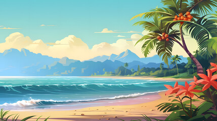 Seaside Oasis, Summer Escape by the Water's Edge, Realistic Beach Landscape. Vector Background