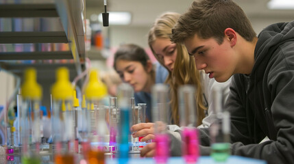 A group of chemistry students conducting a lab experiment on chromatography, separating and...
