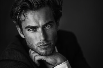 Fototapeta premium Close-up studio shot of a beautiful male model, showcasing a classic and timeless style that highlights the elegance of black and white photography.