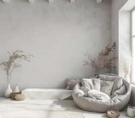 Interior design composition in neutral tones with minimalistic decor and copyspace