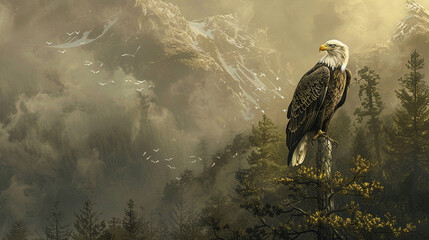 A majestic bald eagle perched high atop a solitary tree in a remote forest, its keen eyes scanning...