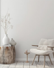 Interior design composition in neutral tones with minimalistic decor and copyspace