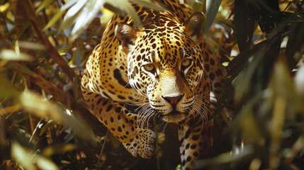 A solitary jaguar prowling through the dense undergrowth of a tropical rainforest, its sleek golden coat shimmering in the dappled sunlight, as it moves with stealth and precision in search of prey.