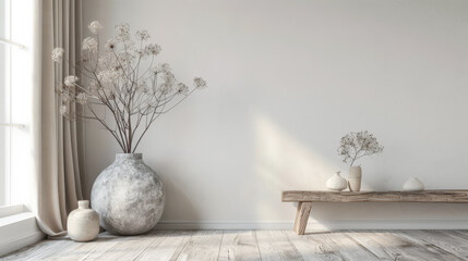 Interior design composition in neutral tones with minimalistic decor and copyspace