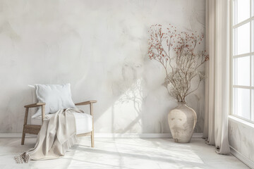Interior design composition in neutral tones with minimalistic decor and copyspace