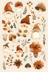 Enchanting Gnome and Floral in Autumn Tones