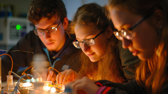A group of chemistry students conducting a lab experiment on electrochemistry, measuring voltages and currents to study redox reactions and electrochemical processes.
