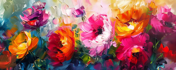 Abstract bright floral design, colorful oil paint texture, brush stroke, generated ai