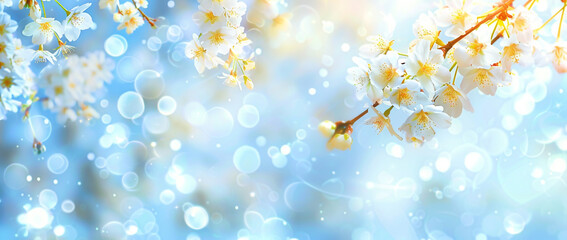 A blurred background of white and yellow cherry blossoms hanging from branches
