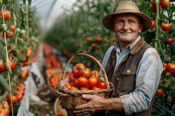 A smiling elderly Caucasian man holding a basket of tomatoes in a vegetable greenhouse.

