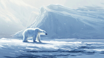 A lone polar bear standing on a vast expanse of Arctic ice, its white fur blending seamlessly with...