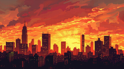 Fototapeta premium Urban Sunset Symphony: Embracing the Vibrant Energy of City Life at Dusk