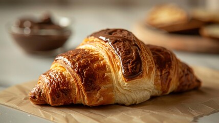 A chocolate covered croissant sits on a paper napkin