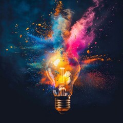 A light bulb is surrounded by colorful powder, creating a vibrant