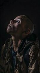 Fototapeta premium Captivating Portrait of a Resolute Soldier Confronting Life's Challenges