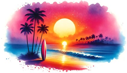 Watercolor painting of a Vibrant Beach at Sunset