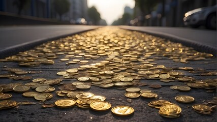 As a digital payment method of the future, coins, including Bitcoin and other cryptocurrencies, cover city streets. Coin stacks made of metal show wealth, A large amount of cash thrown on the road

