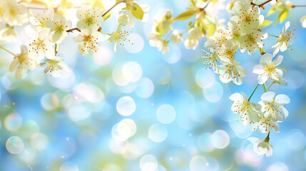 A blurred background of white and yellow cherry blossoms hanging from branches