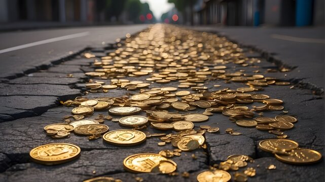 As a digital payment method of the future, coins, including Bitcoin and other cryptocurrencies, cover city streets. Coin stacks made of metal show wealth, A large amount of cash thrown on the road

