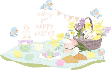 Easter Spring Picnic Scene with Easter Eggs, Flowers and Bunnies. Vector illustration
