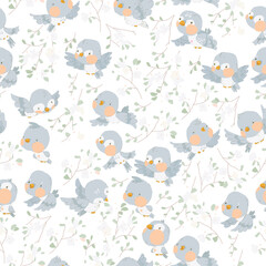 Vector Seamless Pattern with Birds and Blooming Branches on Pink Background