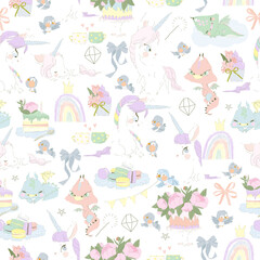Vector Seamless Pattern with Little Dragons, Magic Unicorns and Flowers on Pink Background