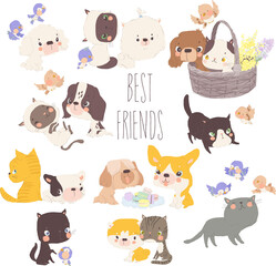 Vector Cartoon Set with Funny Cats, Dogs and Birds
