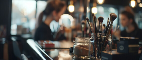 A blurred background of woman doing her makeup in front of the mirror, with various makeup products and brushes on top of it. - obrazy, fototapety, plakaty