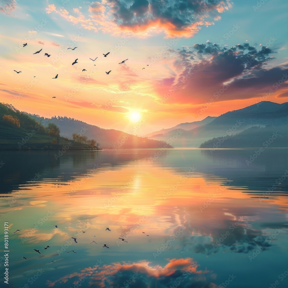 Canvas Prints A beautiful sunset over a lake with birds flying in the sky