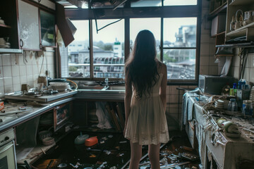 After the typhoon, a lonely girl stands in a damaged kitchen.

