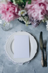 White card on plate background, menu Card mockup, Table Number mockup, postcard mockup